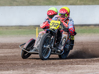 Clement and Romain Furet (32) of France compete in the Sidecar Support Class during the FIM Long Track World Championship Final 5 at the Spe...