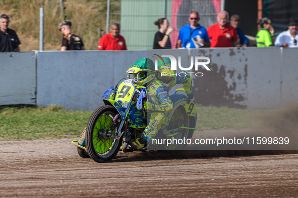 Mitch Goddard and Paul Smith (9) of Great Britain are in action during the FIM Long Track World Championship Final 5 at the Speed Centre Rod...