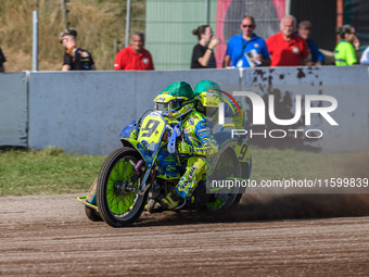 Mitch Goddard and Paul Smith (9) of Great Britain are in action during the FIM Long Track World Championship Final 5 at the Speed Centre Rod...