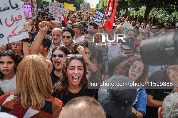 Young female demonstrators shout slogans during a demonstration organized by the Tunisian Network for Rights and Freedoms in Tunis, Tunisia,...