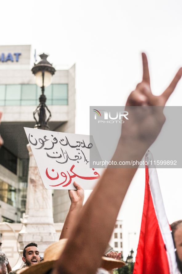 A demonstrator makes the victory sign as another raises a placard that reads in Arabic, ''pharaoh powers, turtle achievements,'' during a de...