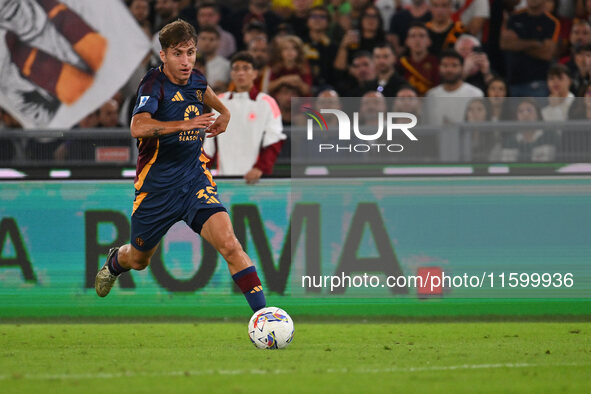 Tommaso Baldanzi of A.S. Roma is in action during the 5th day of the Serie A Championship between A.S. Roma and Udinese Calcio at the Olympi...