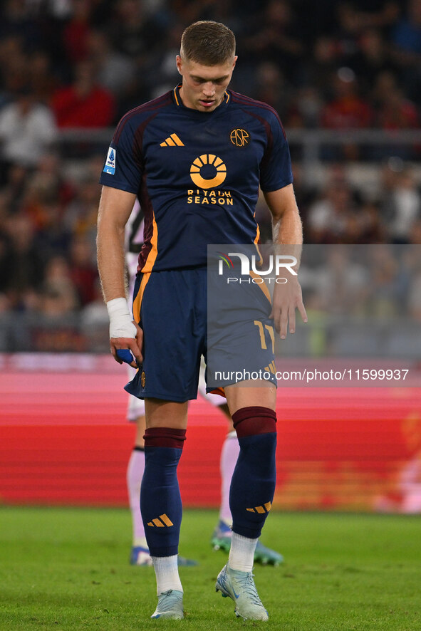 Artem Dovbyk of A.S. Roma is in action during the 5th day of the Serie A Championship between A.S. Roma and Udinese Calcio at the Olympic St...