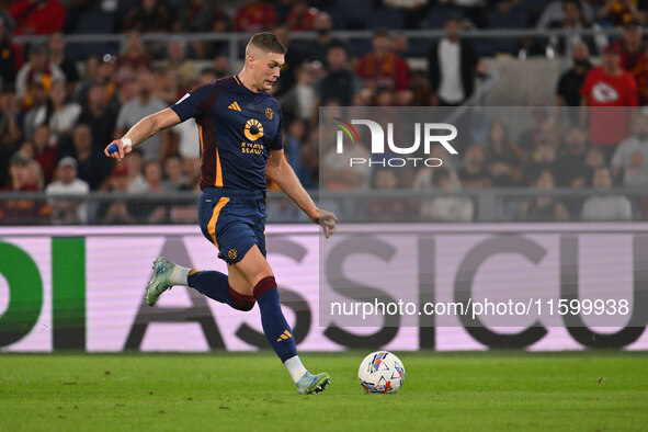 Artem Dovbyk of A.S. Roma is in action during the 5th day of the Serie A Championship between A.S. Roma and Udinese Calcio at the Olympic St...