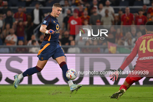 Artem Dovbyk of A.S. Roma is in action during the 5th day of the Serie A Championship between A.S. Roma and Udinese Calcio at the Olympic St...