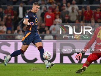 Artem Dovbyk of A.S. Roma is in action during the 5th day of the Serie A Championship between A.S. Roma and Udinese Calcio at the Olympic St...