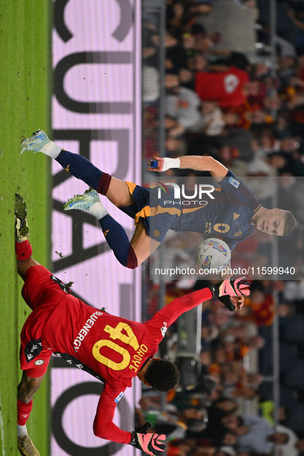 Artem Dovbyk of A.S. Roma is in action during the 5th day of the Serie A Championship between A.S. Roma and Udinese Calcio at the Olympic St...