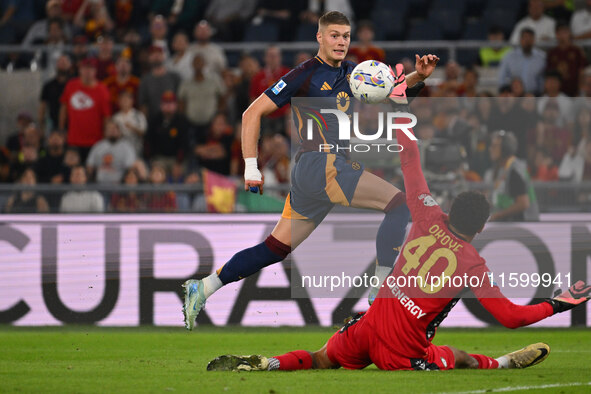 Artem Dovbyk of A.S. Roma is in action during the 5th day of the Serie A Championship between A.S. Roma and Udinese Calcio at the Olympic St...