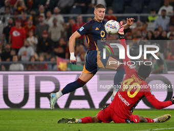 Artem Dovbyk of A.S. Roma is in action during the 5th day of the Serie A Championship between A.S. Roma and Udinese Calcio at the Olympic St...