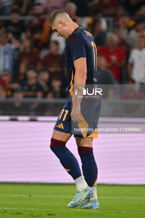 Artem Dovbyk of A.S. Roma is in action during the 5th day of the Serie A Championship between A.S. Roma and Udinese Calcio at the Olympic St...