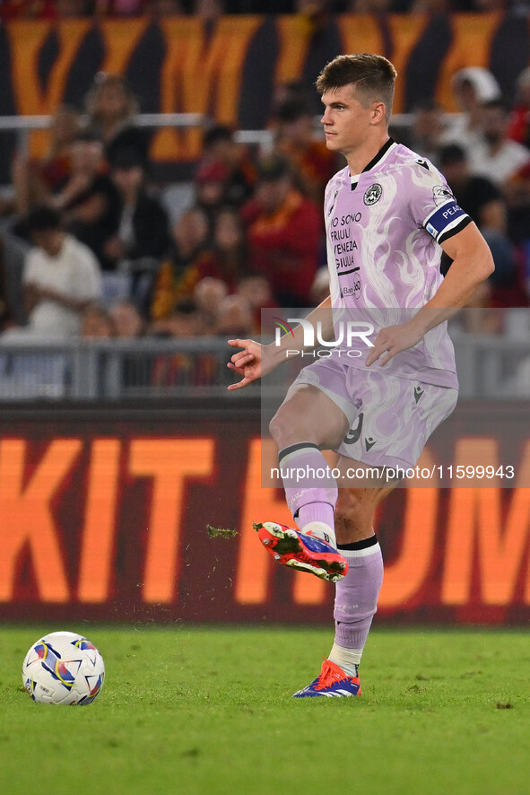 Jaka Bijol of Udinese Calcio is in action during the 5th day of the Serie A Championship between A.S. Roma and Udinese Calcio at the Olympic...