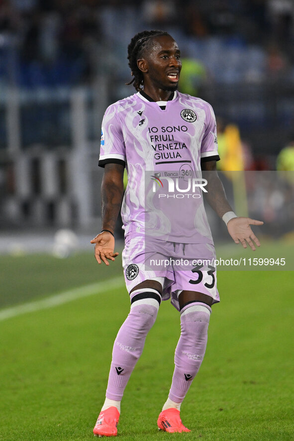 Jordan Zemura of Udinese Calcio is in action during the 5th day of the Serie A Championship between A.S. Roma and Udinese Calcio at the Olym...