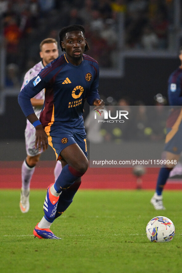 Manu Kone of A.S. Roma is in action during the 5th day of the Serie A Championship between A.S. Roma and Udinese Calcio at the Olympic Stadi...