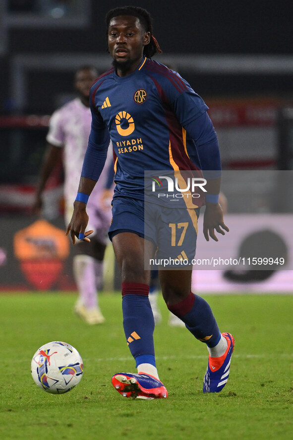 Manu Kone of A.S. Roma is in action during the 5th day of the Serie A Championship between A.S. Roma and Udinese Calcio at the Olympic Stadi...