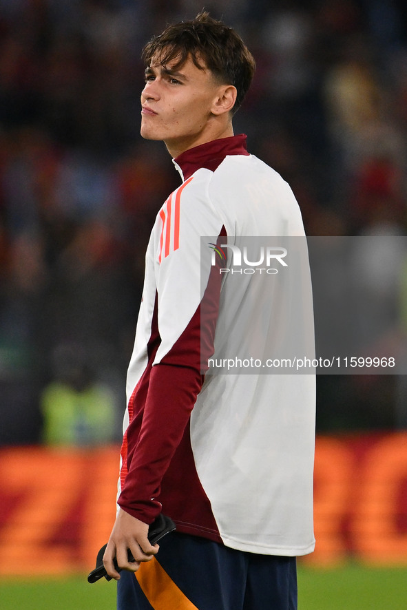 Niccolo Pisilli of A.S. Roma during the 5th day of the Serie A Championship between A.S. Roma and Udinese Calcio at the Olympic Stadium in R...