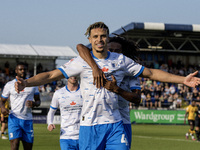 Theo Vassell celebrates after scoring Barrow's second goal during the Sky Bet League 2 match between Barrow and Newport County at Holker Str...