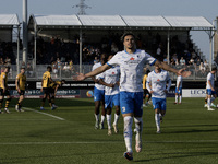 Theo Vassell celebrates after scoring Barrow's second goal during the Sky Bet League 2 match between Barrow and Newport County at Holker Str...