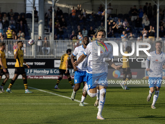 Theo Vassell celebrates after scoring Barrow's second goal during the Sky Bet League 2 match between Barrow and Newport County at Holker Str...