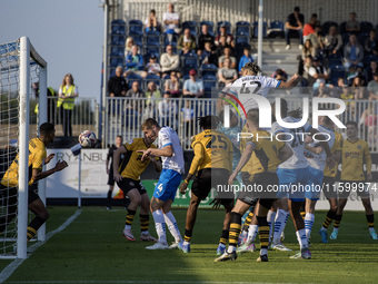 Barrow's Theo Vassell scores their second goal with a header during the Sky Bet League 2 match between Barrow and Newport County at Holker S...