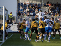 Barrow's Theo Vassell scores their second goal with a header during the Sky Bet League 2 match between Barrow and Newport County at Holker S...