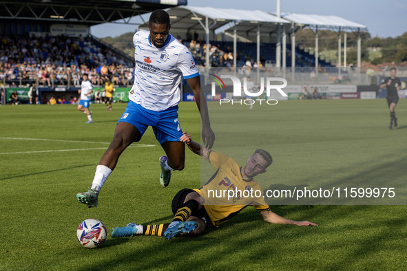 Emile Acquah of Barrow in action during the Sky Bet League 2 match between Barrow and Newport County at Holker Street in Barrow-in-Furness,...