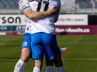 Elliot Newby of Barrow celebrates with Ged Garner after scoring their first goal during the Sky Bet League 2 match between Barrow and Newpor...