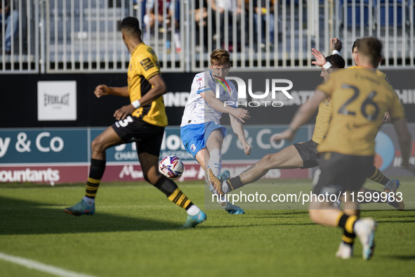 Barrow's Ged Garner shoots at goal during the Sky Bet League 2 match between Barrow and Newport County at Holker Street in Barrow-in-Furness...