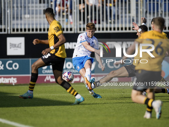 Barrow's Ged Garner shoots at goal during the Sky Bet League 2 match between Barrow and Newport County at Holker Street in Barrow-in-Furness...