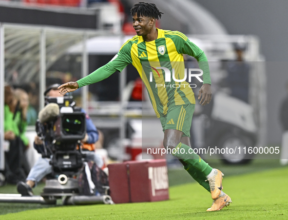 Jacinto Dala of Al Wakrah SC celebrates after scoring a goal during the Ooredoo Qatar Stars League 24/25 match between Al Rayyan SC and Al W...