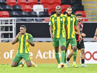 Ricardo Jorge Gomes (L) of Al Wakrah SC celebrates after scoring a goal during the Ooredoo Qatar Stars League 24/25 match between Al Rayyan...