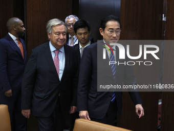 Antonio Guterres the UN Secretary General meets with the H.E. Mr. Kishida Fumio, Prime Minister, Japan at the United Nations Headquarters on...