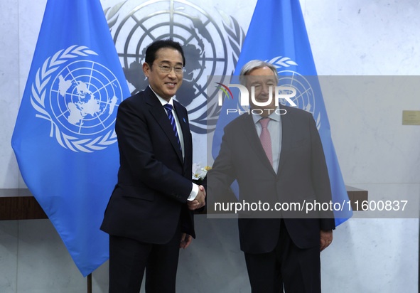 Antonio Guterres the UN Secretary General meets with the H.E. Mr. Kishida Fumio, Prime Minister, Japan at the United Nations Headquarters on...