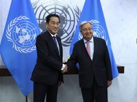 Antonio Guterres the UN Secretary General meets with the H.E. Mr. Kishida Fumio, Prime Minister, Japan at the United Nations Headquarters on...