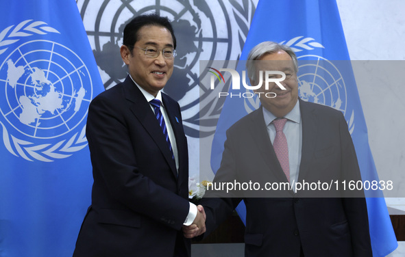 Antonio Guterres the UN Secretary General meets with the H.E. Mr. Kishida Fumio, Prime Minister, Japan at the United Nations Headquarters on...