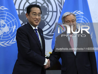 Antonio Guterres the UN Secretary General meets with the H.E. Mr. Kishida Fumio, Prime Minister, Japan at the United Nations Headquarters on...