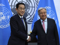 Antonio Guterres the UN Secretary General meets with the H.E. Mr. Kishida Fumio, Prime Minister, Japan at the United Nations Headquarters on...