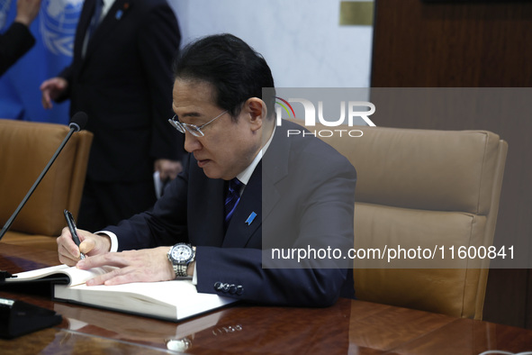 Antonio Guterres the UN Secretary General meets with the H.E. Mr. Kishida Fumio, Prime Minister, Japan at the United Nations Headquarters on...