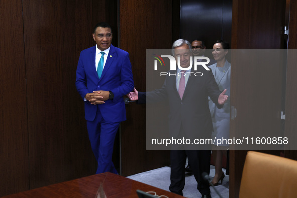 Antonio Guterres the UN Secretary General meets with H.E. Mr. Andrew Holness, ON, PC, MP, Prime Minister, Minister for Defence and Minister...