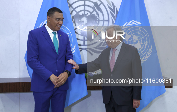 Antonio Guterres the UN Secretary General meets with H.E. Mr. Andrew Holness, ON, PC, MP, Prime Minister, Minister for Defence and Minister...