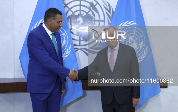 Antonio Guterres the UN Secretary General meets with H.E. Mr. Andrew Holness, ON, PC, MP, Prime Minister, Minister for Defence and Minister...