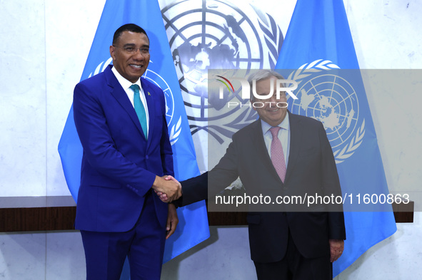 Antonio Guterres the UN Secretary General meets with H.E. Mr. Andrew Holness, ON, PC, MP, Prime Minister, Minister for Defence and Minister...