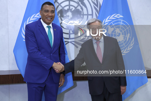 Antonio Guterres the UN Secretary General meets with H.E. Mr. Andrew Holness, ON, PC, MP, Prime Minister, Minister for Defence and Minister...