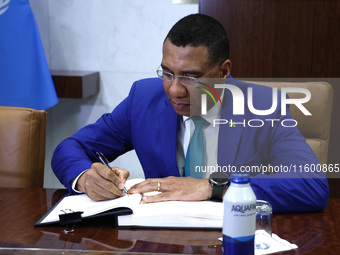 Antonio Guterres the UN Secretary General meets with H.E. Mr. Andrew Holness, ON, PC, MP, Prime Minister, Minister for Defence and Minister...