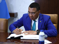 Antonio Guterres the UN Secretary General meets with H.E. Mr. Andrew Holness, ON, PC, MP, Prime Minister, Minister for Defence and Minister...