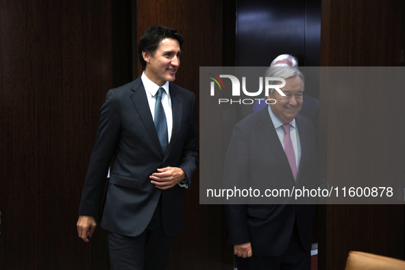 Antonio Guterres the UN Secretary General meets with H.E. Mr. Justin Trudeau, Prime Minister, Canada at the United Nations Headquarters on S...