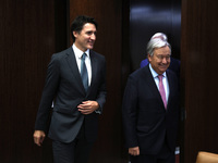 Antonio Guterres the UN Secretary General meets with H.E. Mr. Justin Trudeau, Prime Minister, Canada at the United Nations Headquarters on S...