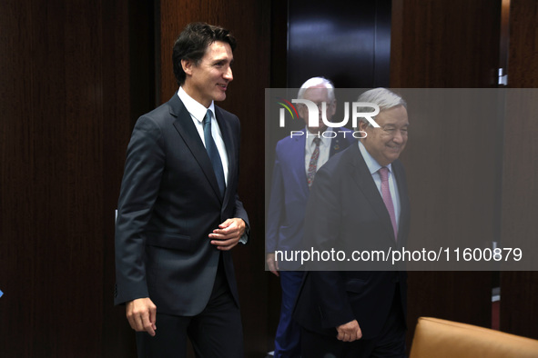 Antonio Guterres the UN Secretary General meets with H.E. Mr. Justin Trudeau, Prime Minister, Canada at the United Nations Headquarters on S...