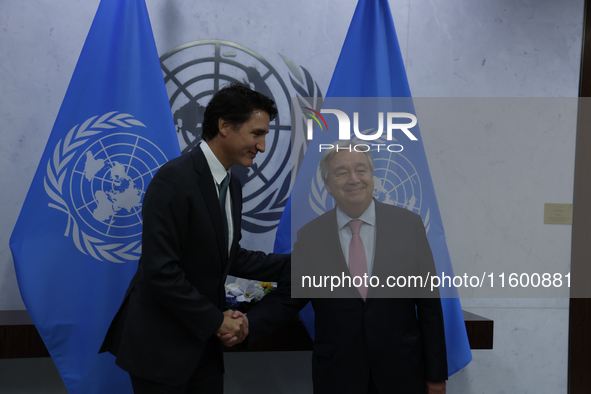 Antonio Guterres the UN Secretary General meets with H.E. Mr. Justin Trudeau, Prime Minister, Canada at the United Nations Headquarters on S...