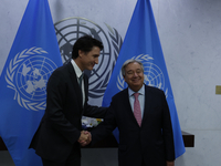 Antonio Guterres the UN Secretary General meets with H.E. Mr. Justin Trudeau, Prime Minister, Canada at the United Nations Headquarters on S...