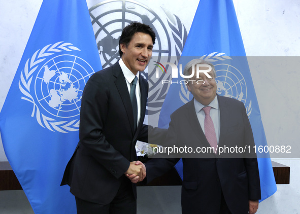 Antonio Guterres the UN Secretary General meets with H.E. Mr. Justin Trudeau, Prime Minister, Canada at the United Nations Headquarters on S...